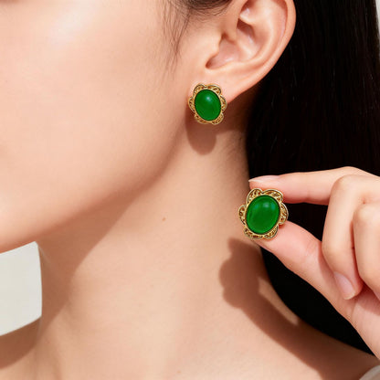 Retro Water Droplets Stud Earrings With Electroplated Alloy And 925 Sterling Silver Posts, Featuring Jade Inlay