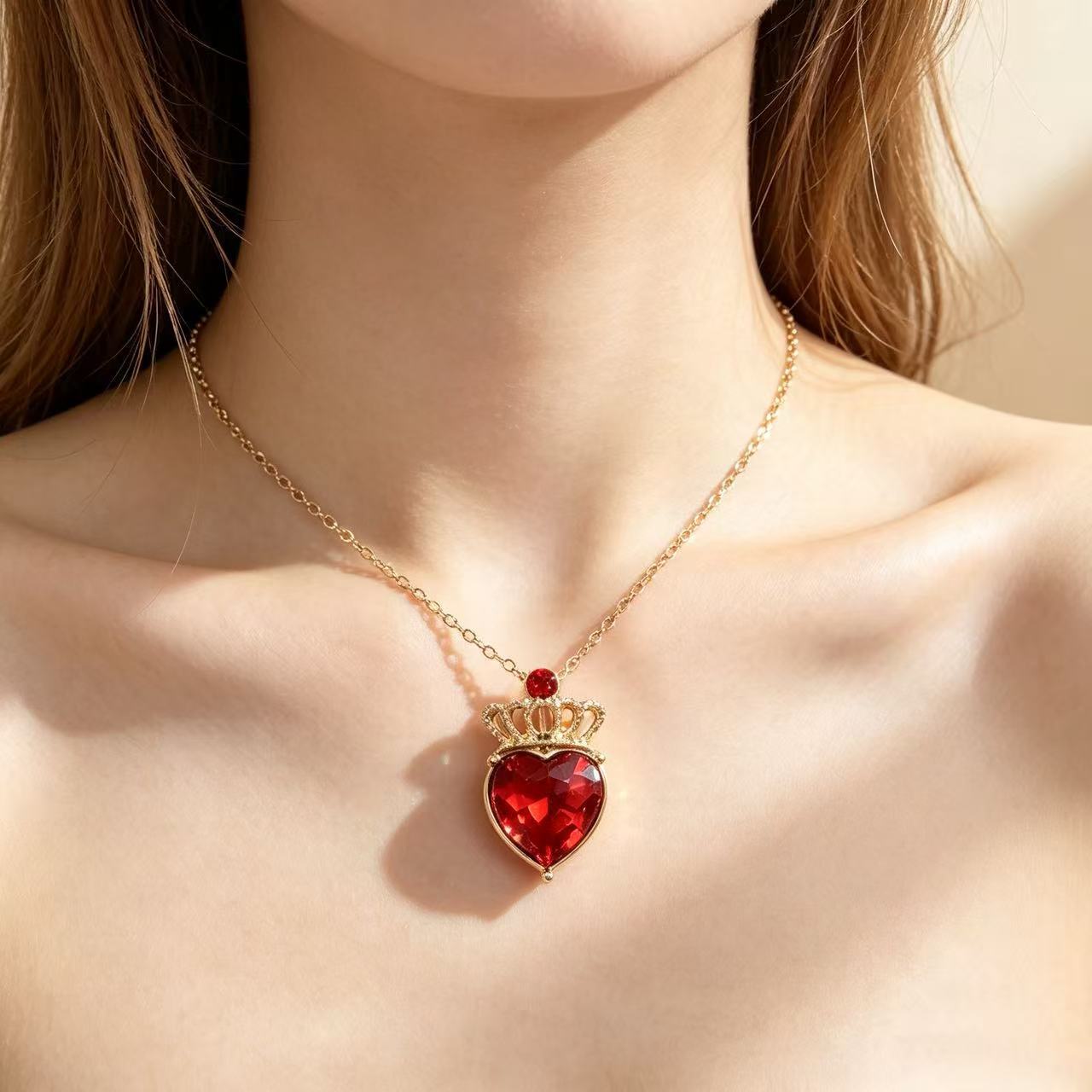 Retro Heart Shape Pendant Necklace For Unisex, Electroplated Alloy With Red Accent