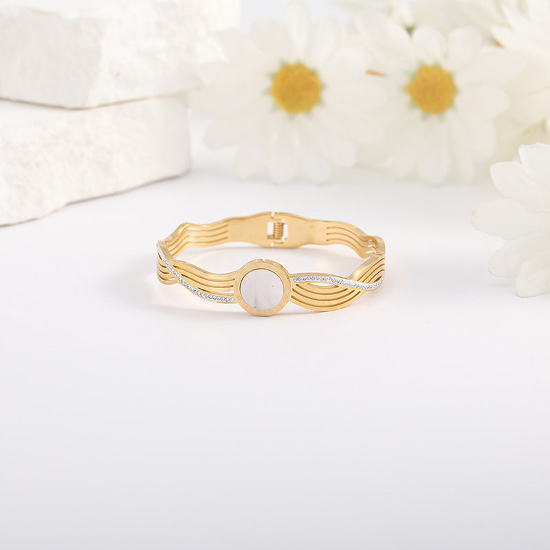 Women’s Circle Bangle In Titanium Steel With 18K Real Gold Plating And Rhinestone Inlay, Featuring Spring Ring Trigger Clasp Closure