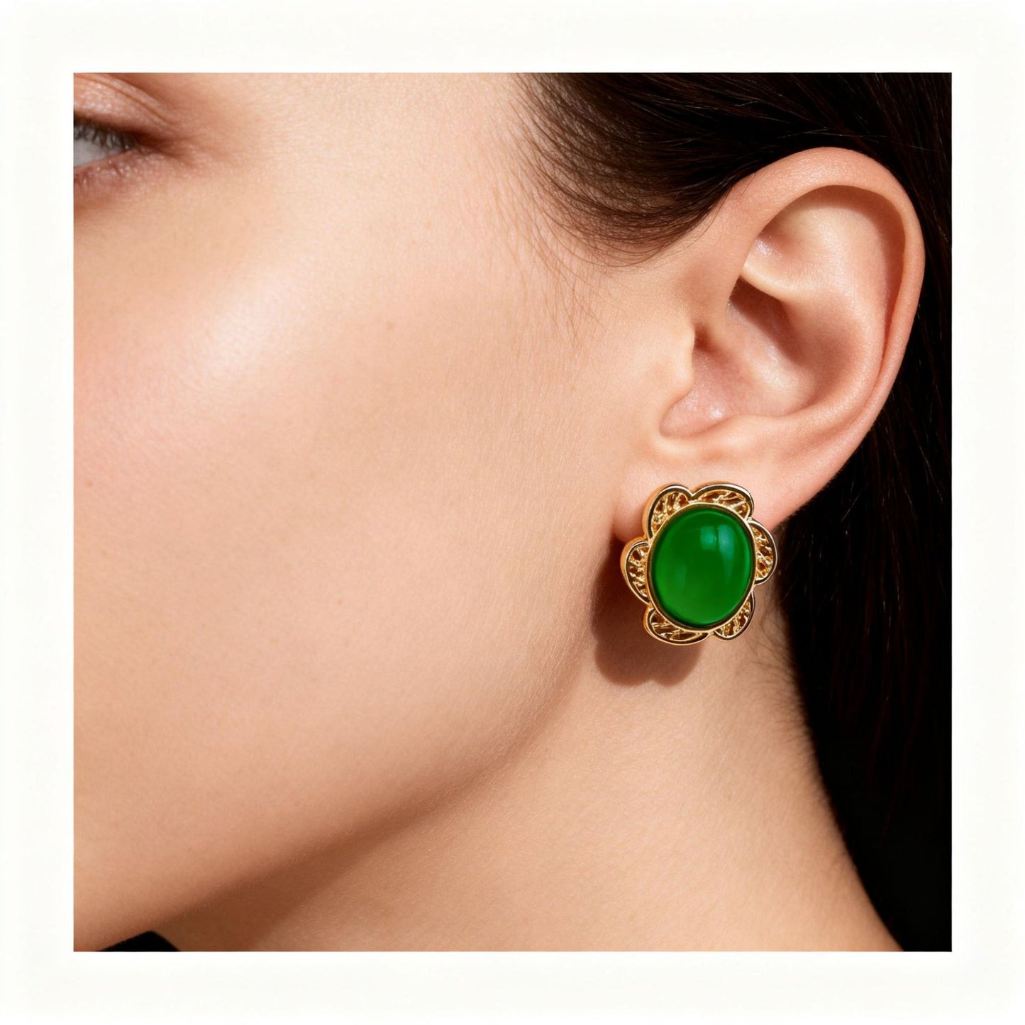 Retro Water Droplets Stud Earrings With Electroplated Alloy And 925 Sterling Silver Posts, Featuring Jade Inlay
