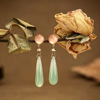 Elegant Water Droplets Clip Earrings For Women In Green Natural Stone With 925 Sterling Silver Studs
