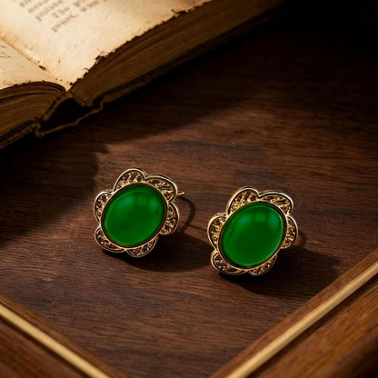 Retro Water Droplets Stud Earrings With Electroplated Alloy And 925 Sterling Silver Posts, Featuring Jade Inlay
