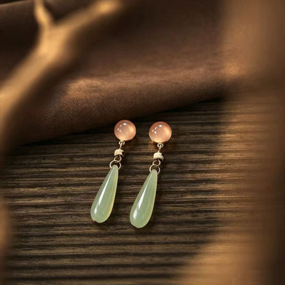 Elegant Water Droplets Clip Earrings For Women In Green Natural Stone With 925 Sterling Silver Studs