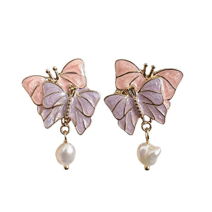 Butterfly Stud Earrings For Unisex Featuring Enamel Craft In Silver Alloy With 925 Sterling Silver Ear Pins