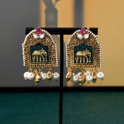 Bohemian Elephant Stud Earrings For Unisex Featuring Enamel And Artificial Pearl Inlay In Zinc Alloy