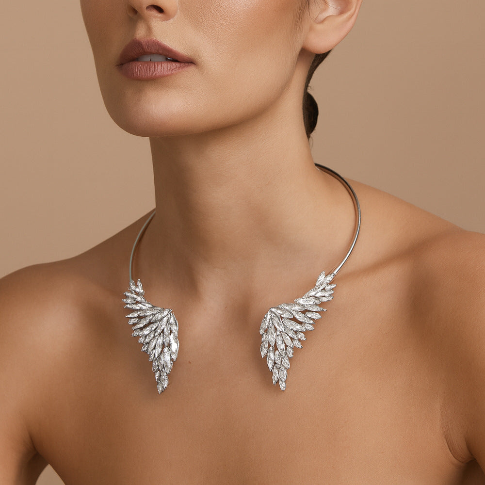 Wings Alloy Choker Necklace For Women With Zircon Inlay In Silver