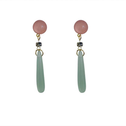 Elegant Water Droplets Clip Earrings For Women In Green Natural Stone With 925 Sterling Silver Studs
