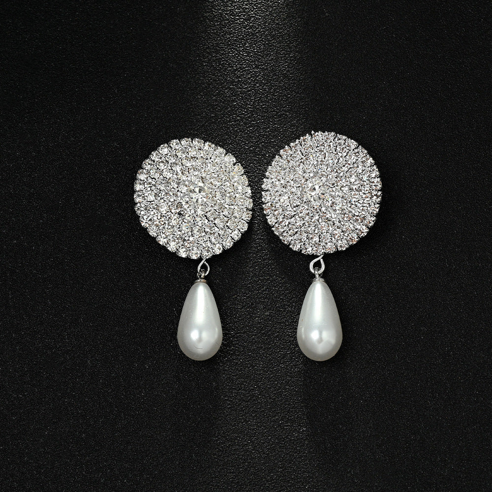 Retro Round Silver Clip Earrings For Women Featuring Rhinestones Inlay