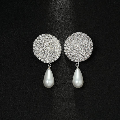 Retro Round Silver Clip Earrings For Women Featuring Rhinestones Inlay