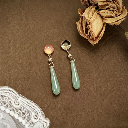 Elegant Water Droplets Clip Earrings For Women In Green Natural Stone With 925 Sterling Silver Studs