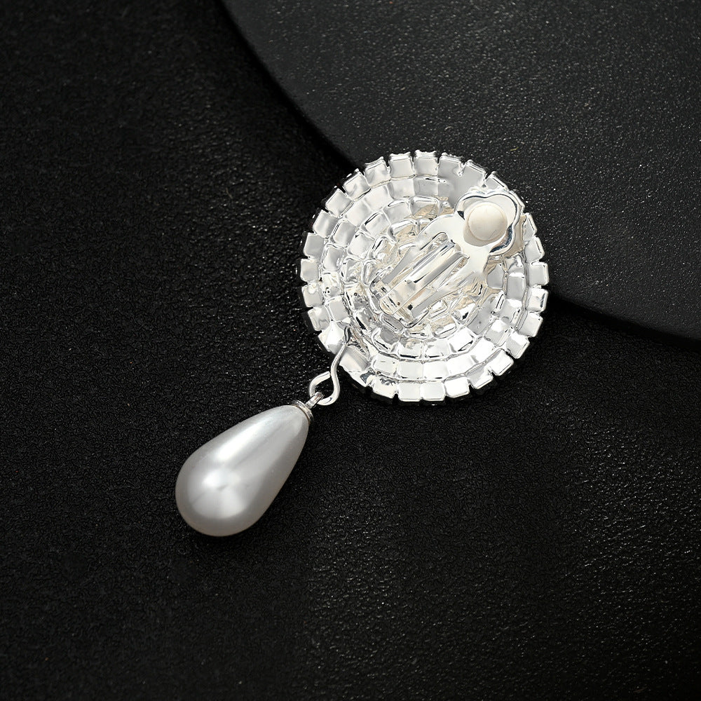 Retro Round Silver Clip Earrings For Women Featuring Rhinestones Inlay
