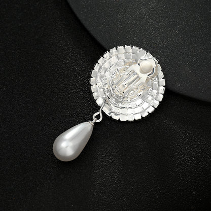 Retro Round Silver Clip Earrings For Women Featuring Rhinestones Inlay