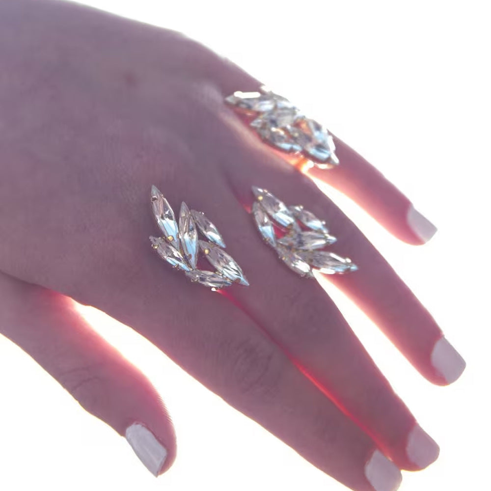 For Women Silver Leaf Open Rings In Copper Alloy With Rhinestones Featuring Electroplated Finish