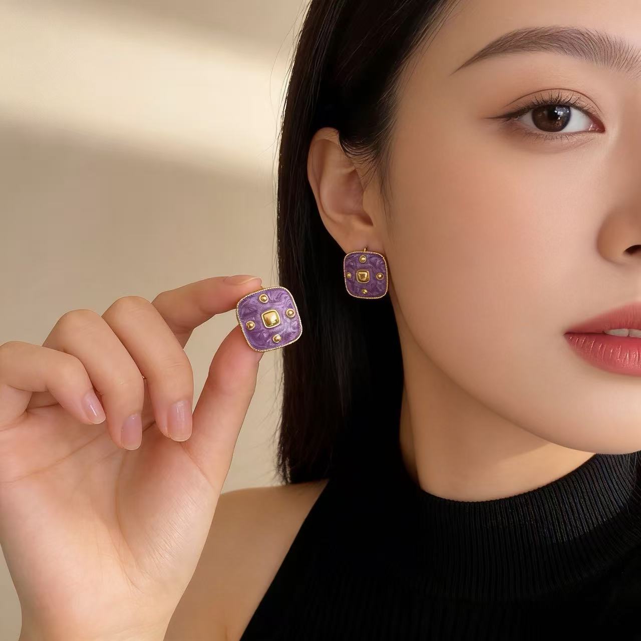 Retro Square Stud Earrings In Purple Featuring Alloy With 925 Sterling Silver Ear Pins And Enamel Craftsmanship