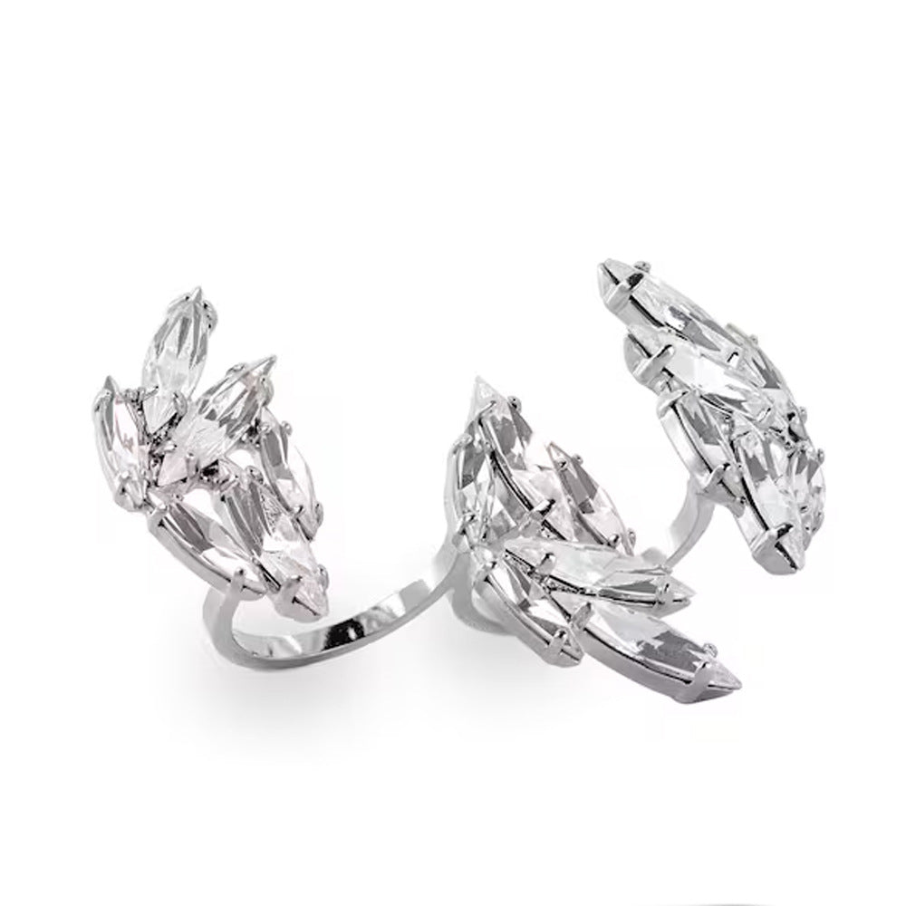 For Women Silver Leaf Open Rings In Copper Alloy With Rhinestones Featuring Electroplated Finish