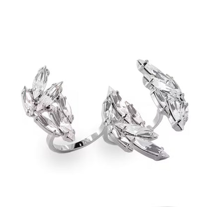 For Women Silver Leaf Open Rings In Copper Alloy With Rhinestones Featuring Electroplated Finish