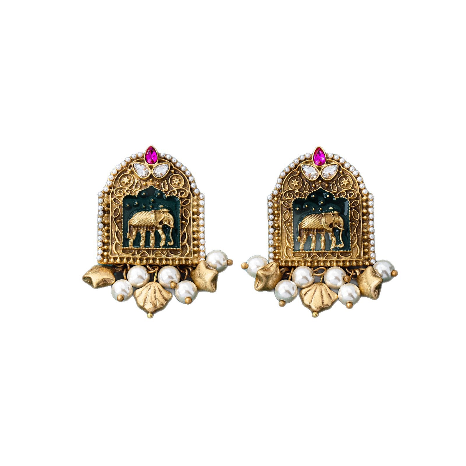 Bohemian Elephant Stud Earrings For Unisex Featuring Enamel And Artificial Pearl Inlay In Zinc Alloy