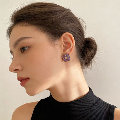 Retro Square Stud Earrings In Purple Featuring Alloy With 925 Sterling Silver Ear Pins And Enamel Craftsmanship