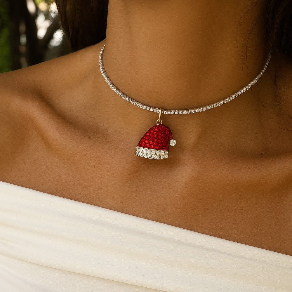 Santa Claus Choker Necklace For Women In Alloy With Rhinestones, Perfect Christmas Jewelry Accessory