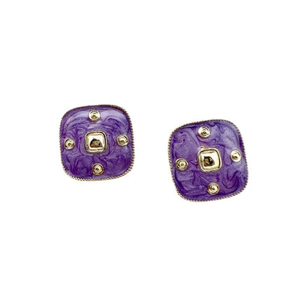 Retro Square Stud Earrings In Purple Featuring Alloy With 925 Sterling Silver Ear Pins And Enamel Craftsmanship