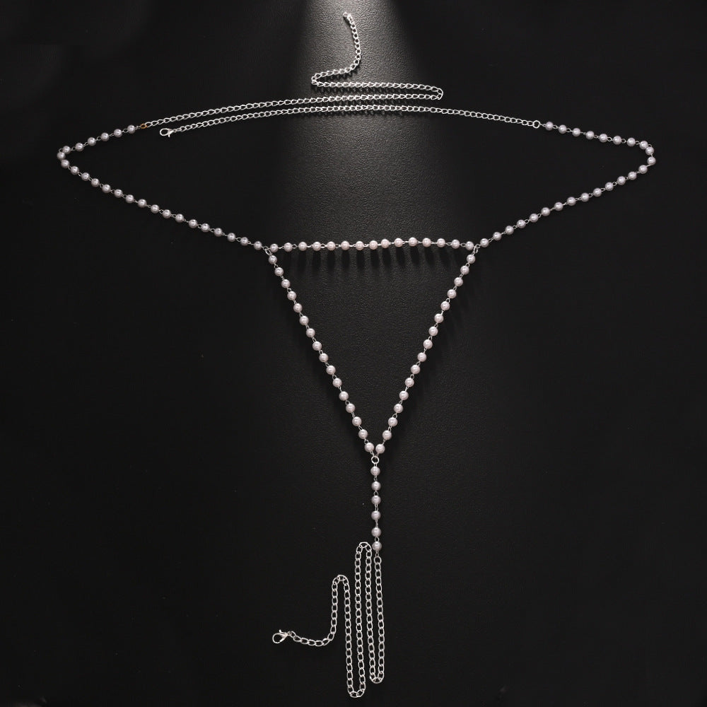 Trillion-cut Silver Body Chain For Unisex Featuring Rhinestones And White Crystal With Electroplated Finish