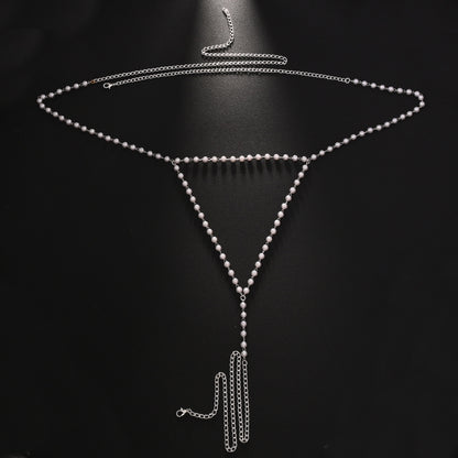 Trillion-cut Silver Body Chain For Unisex Featuring Rhinestones And White Crystal With Electroplated Finish