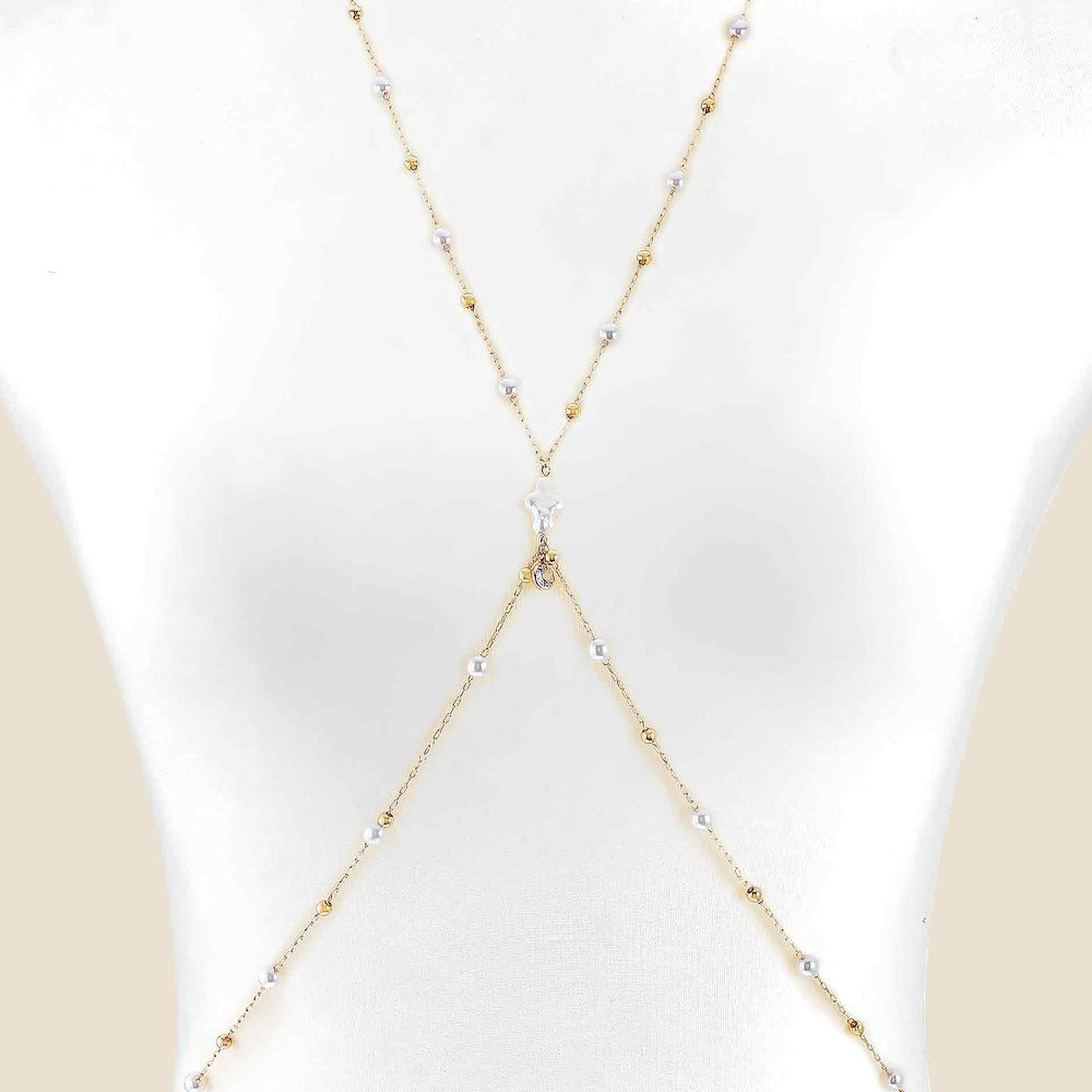 Women’s Silver Alloy Body Chain Featuring White Crystal Inlay And Cross Pattern With Electroplated Finish