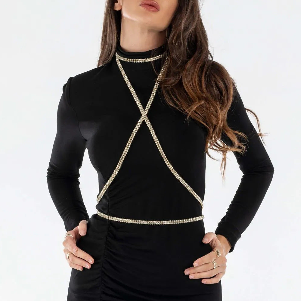 Silver Alloy Body Chain For Women Featuring Geometric Pattern With White Crystal Inlay And Electroplated Finish