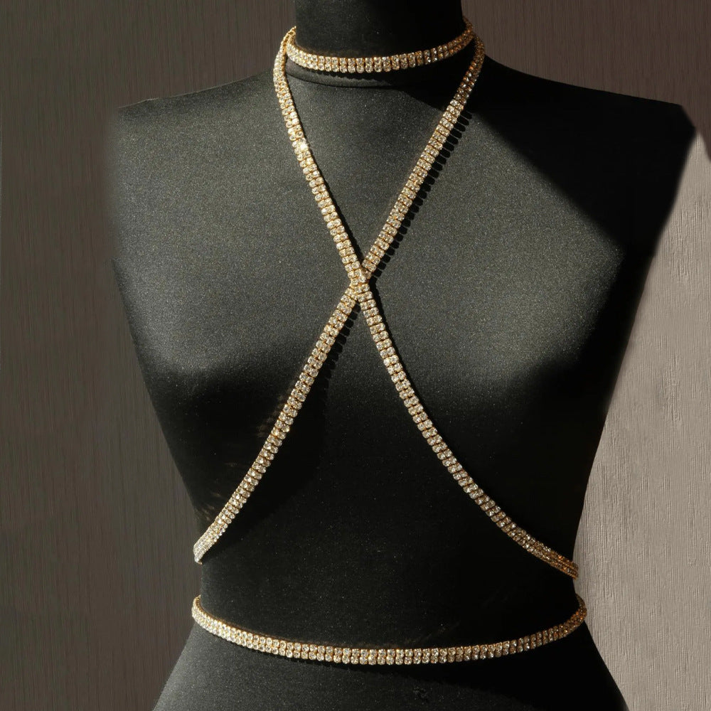 Silver Alloy Body Chain For Women Featuring Geometric Pattern With White Crystal Inlay And Electroplated Finish