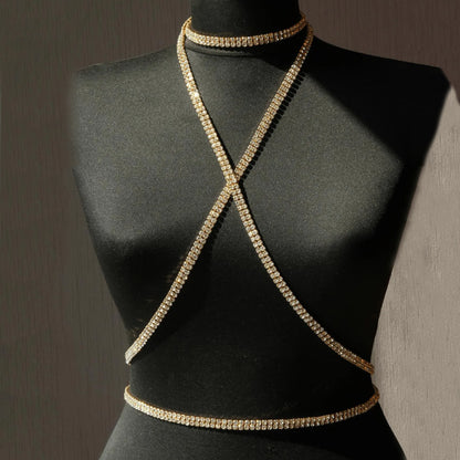 Silver Alloy Body Chain For Women Featuring Geometric Pattern With White Crystal Inlay And Electroplated Finish