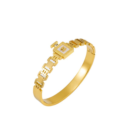 Simple Style Circle Titanium Steel Bangle With Rhinestone Inlay And Box Clasp Closure
