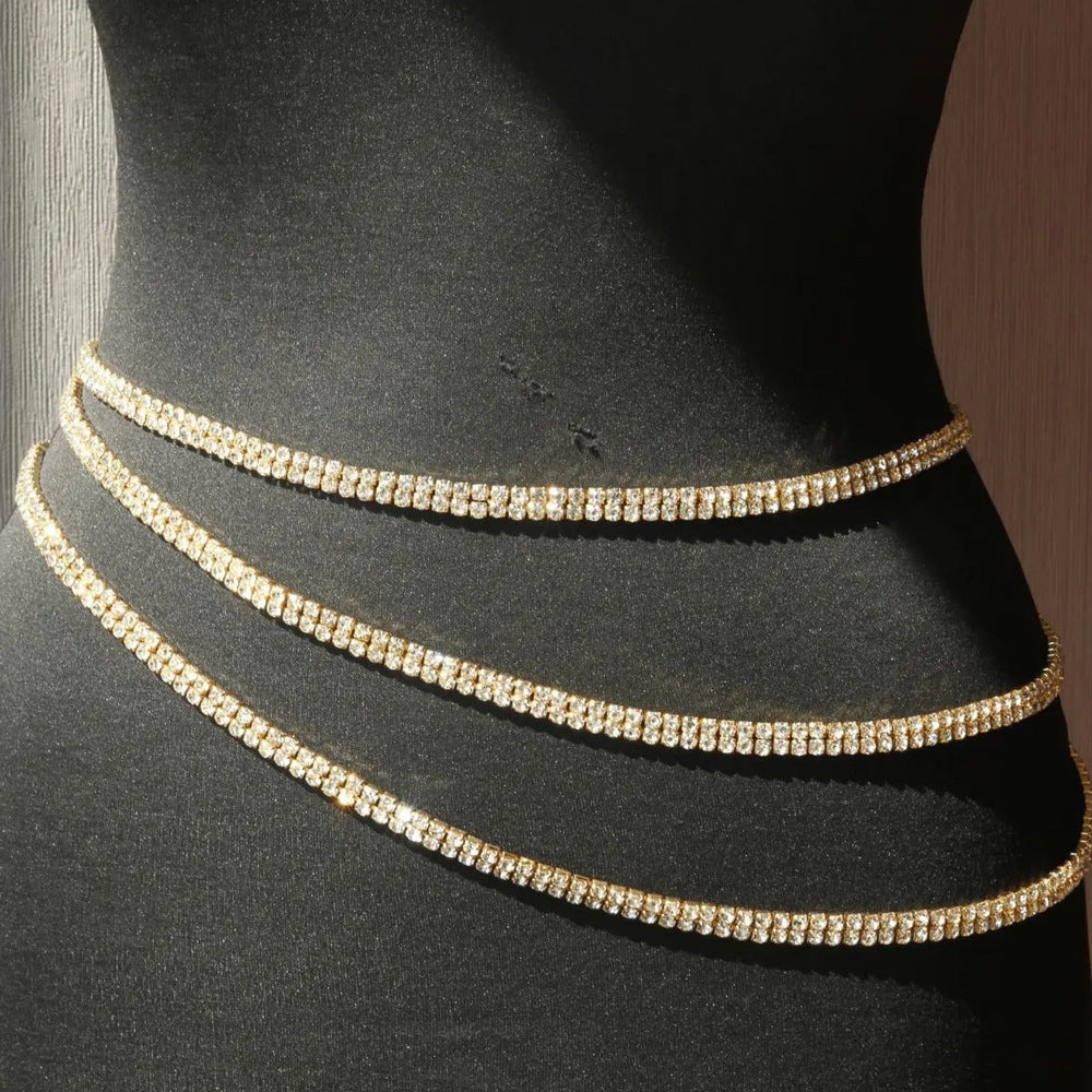Silver Alloy Body Chain For Women Featuring Geometric Pattern With White Crystal Inlay And Electroplated Finish