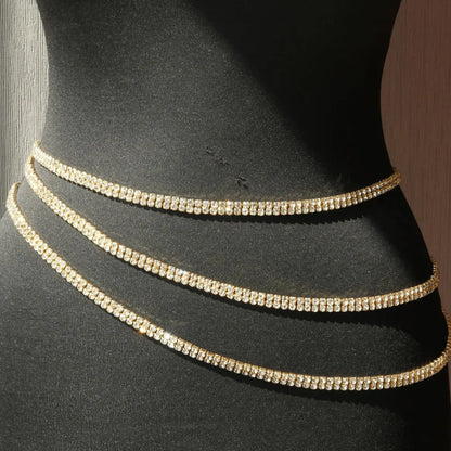 Silver Alloy Body Chain For Women Featuring Geometric Pattern With White Crystal Inlay And Electroplated Finish