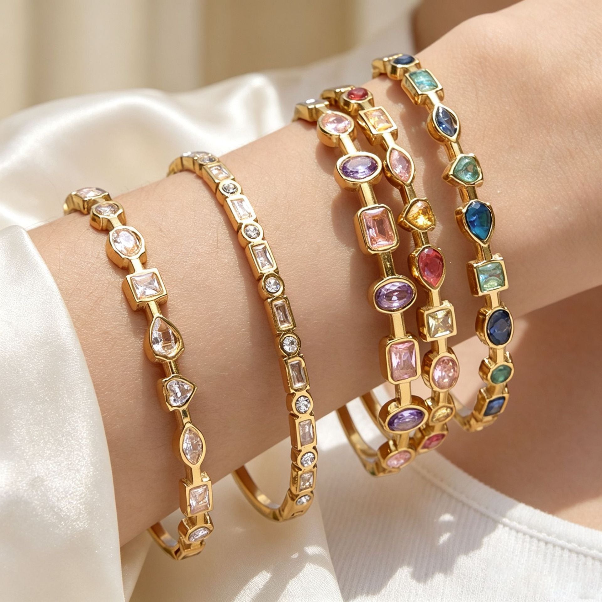 Geometric Bangle In 304 Stainless Steel With Zircon Inlay And Electroplated Gold Plating Process, Available In Colour