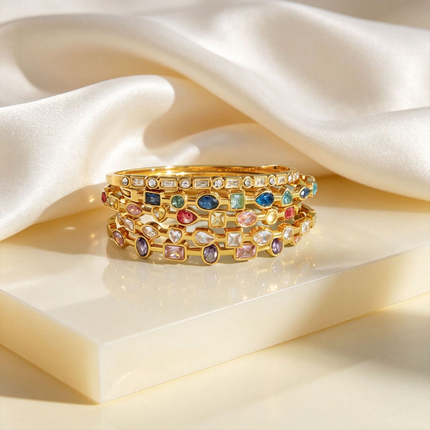 Geometric Bangle In 304 Stainless Steel With Zircon Inlay And Electroplated Gold Plating Process, Available In Colour