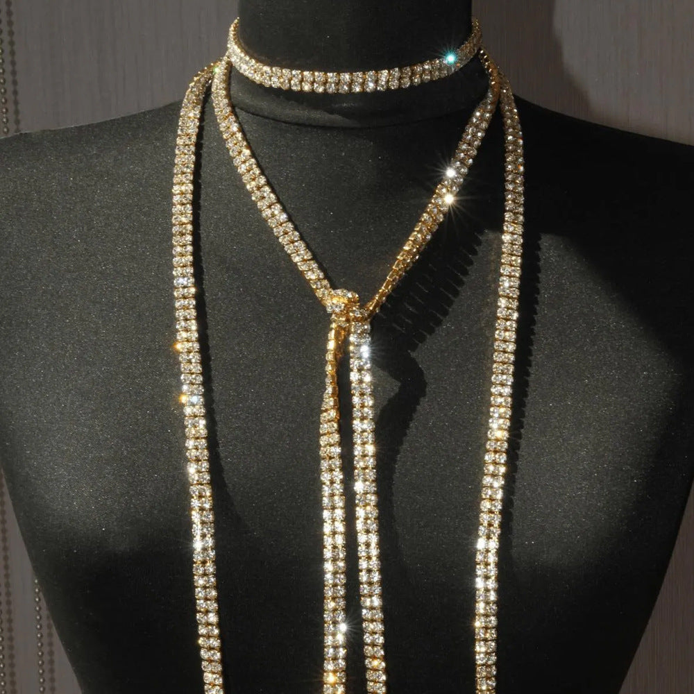 Silver Alloy Body Chain For Women Featuring Geometric Pattern With White Crystal Inlay And Electroplated Finish