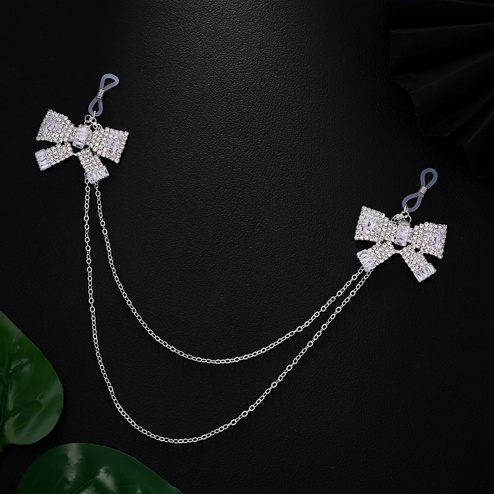 Silver Alloy Body Chain For Women Featuring White Crystal Inlay And Elegant Bow Tie Pattern