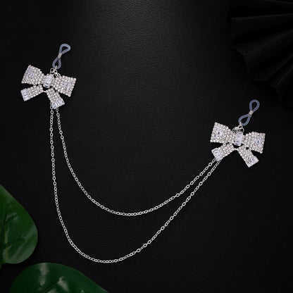 Silver Alloy Body Chain For Women Featuring White Crystal Inlay And Elegant Bow Tie Pattern