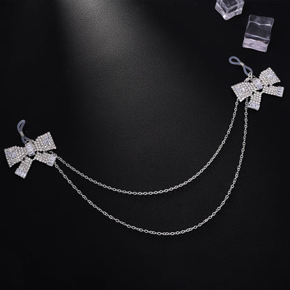 Silver Alloy Body Chain For Women Featuring White Crystal Inlay And Elegant Bow Tie Pattern