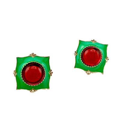 Retro Geometric Silver Enamel Stud Earrings In Alloy With Clip-On Ear Caps