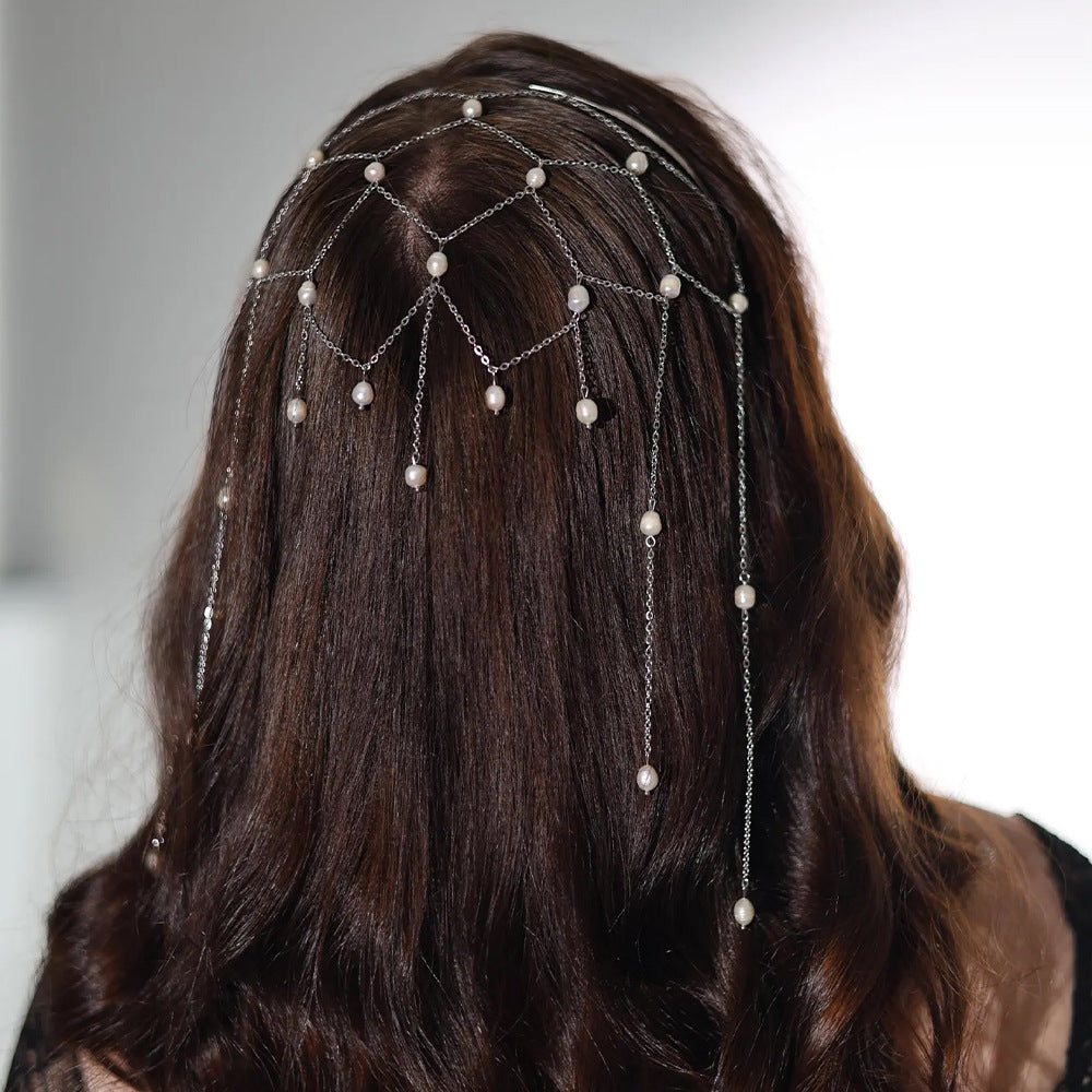 Grid Jewelry Headband For Women With Artificial Pearl In Silver, Perfect For Summer