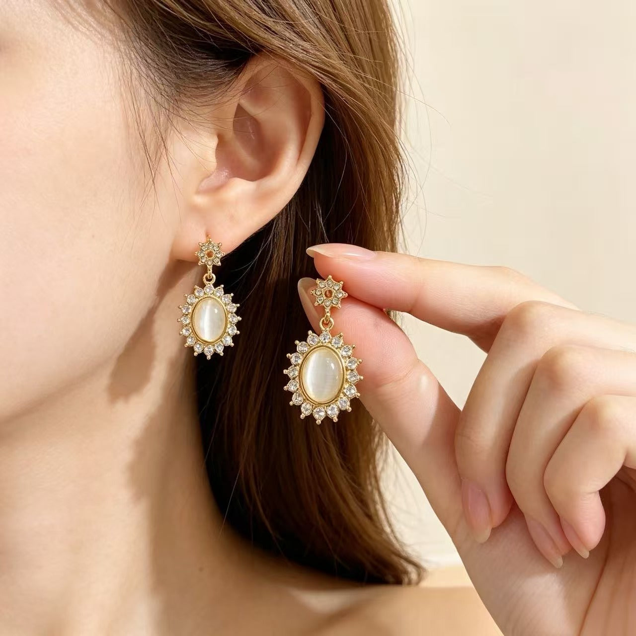 Unisex Oval Cat's Eye Stone Stud Earrings With 925 Sterling Silver Posts In Alloy Base, Clip-On Style