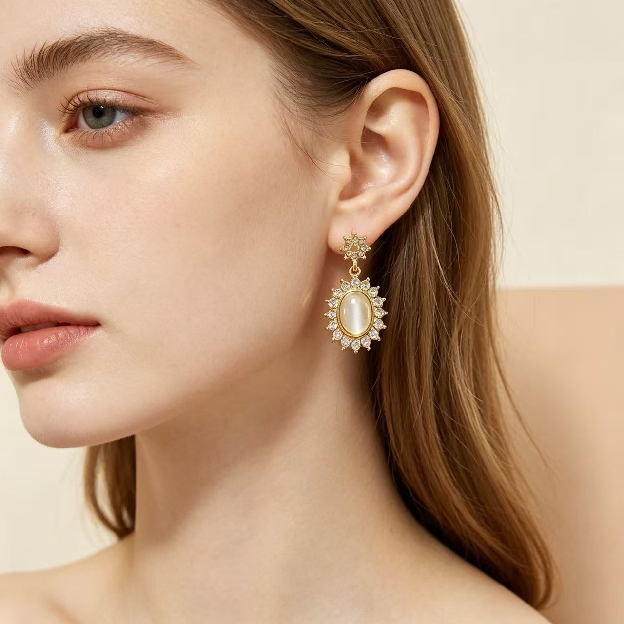 Unisex Oval Cat's Eye Stone Stud Earrings With 925 Sterling Silver Posts In Alloy Base, Clip-On Style