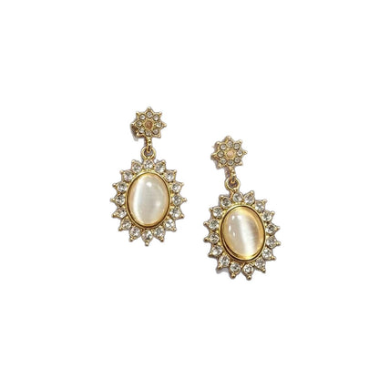 Unisex Oval Cat's Eye Stone Stud Earrings With 925 Sterling Silver Posts In Alloy Base, Clip-On Style