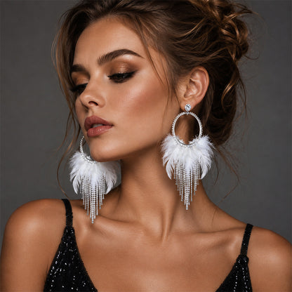 Feather Tassel Earrings For Unisex In Gothic Style With Silver Rhinestones Stud Design