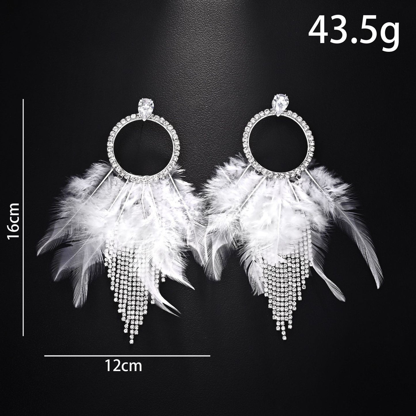 Feather Tassel Earrings For Unisex In Gothic Style With Silver Rhinestones Stud Design