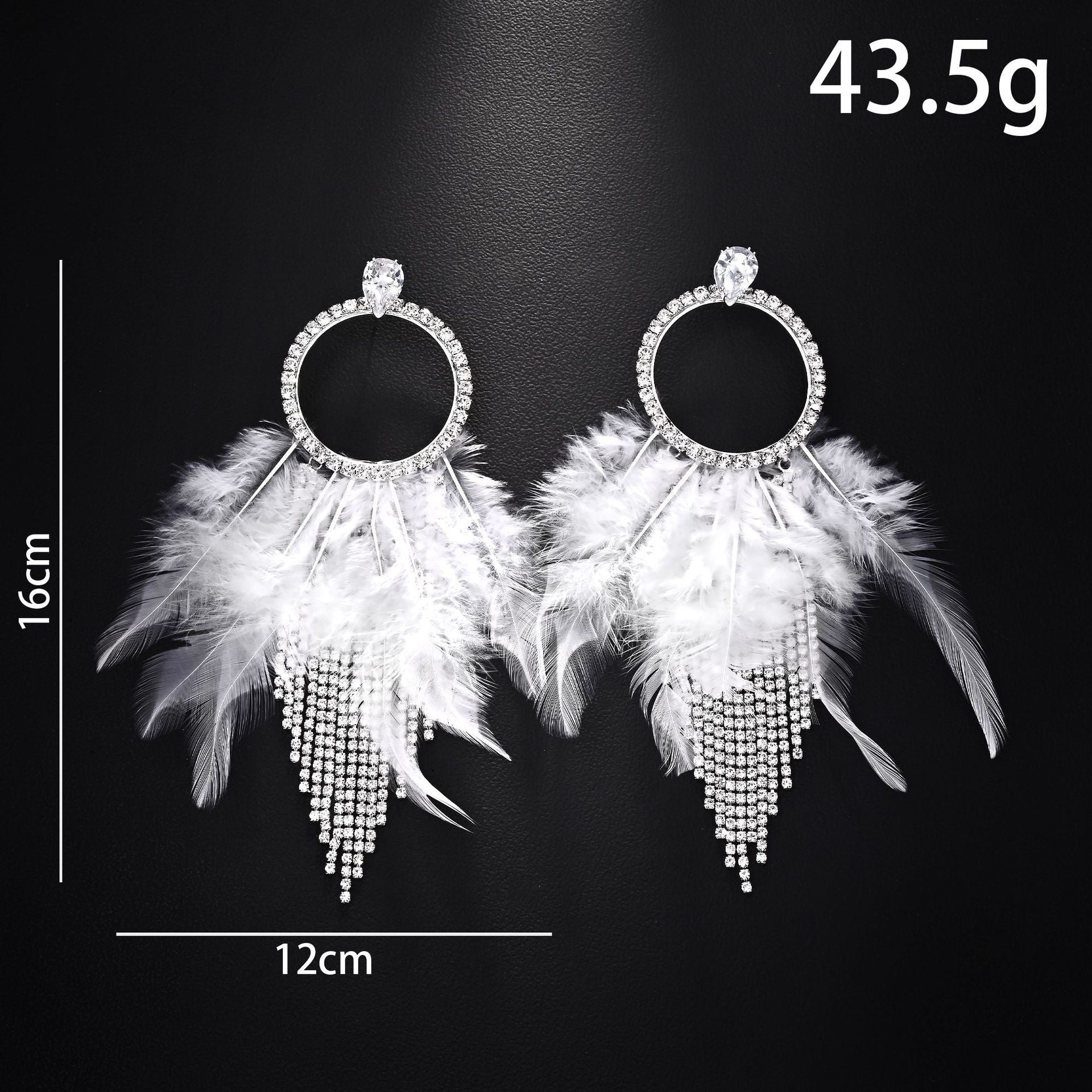 Feather Tassel Earrings For Unisex In Gothic Style With Silver Rhinestones Stud Design
