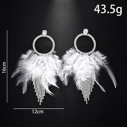 Feather Tassel Earrings For Unisex In Gothic Style With Silver Rhinestones Stud Design