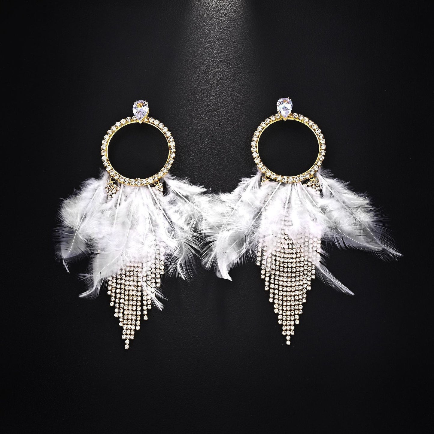Feather Tassel Earrings For Unisex In Gothic Style With Silver Rhinestones Stud Design
