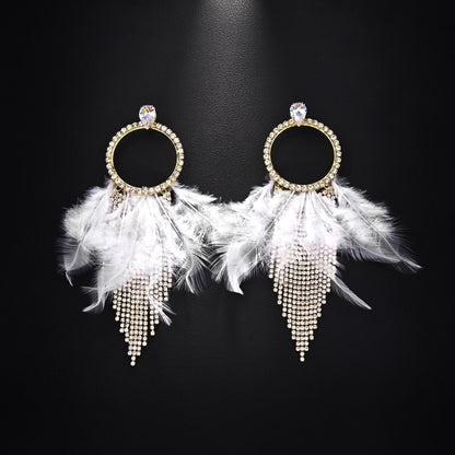 Feather Tassel Earrings For Unisex In Gothic Style With Silver Rhinestones Stud Design